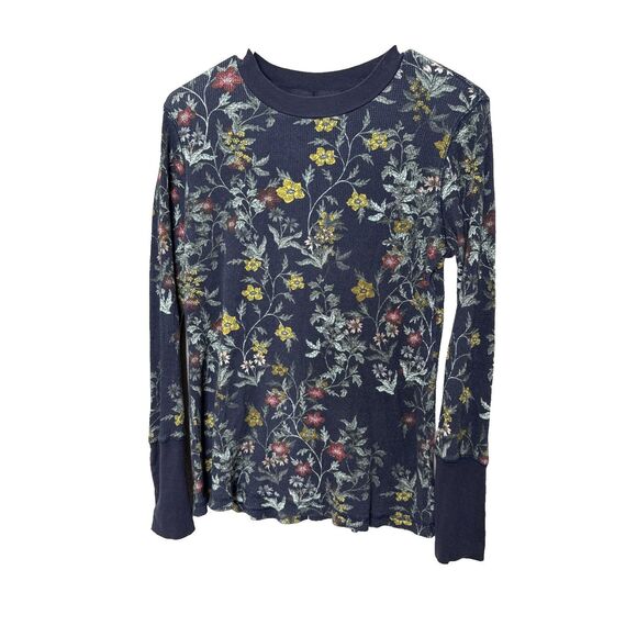 Sundance Size M Waffle Weave Long Sleeve T Shirt Boho Blue Button Cuffs Floral - Picture 1 of 9